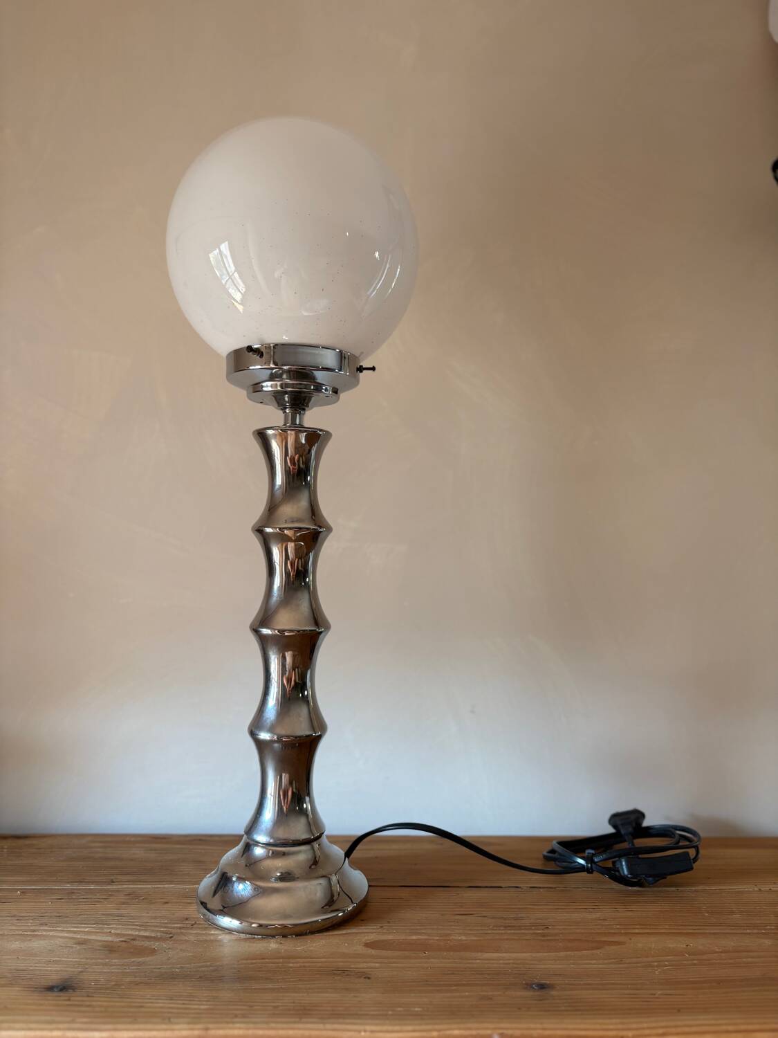 Vintage 1970s chrome globe lamp with bamboo-like finish