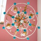 Italian chandelier in gold metal and blue crystal drops