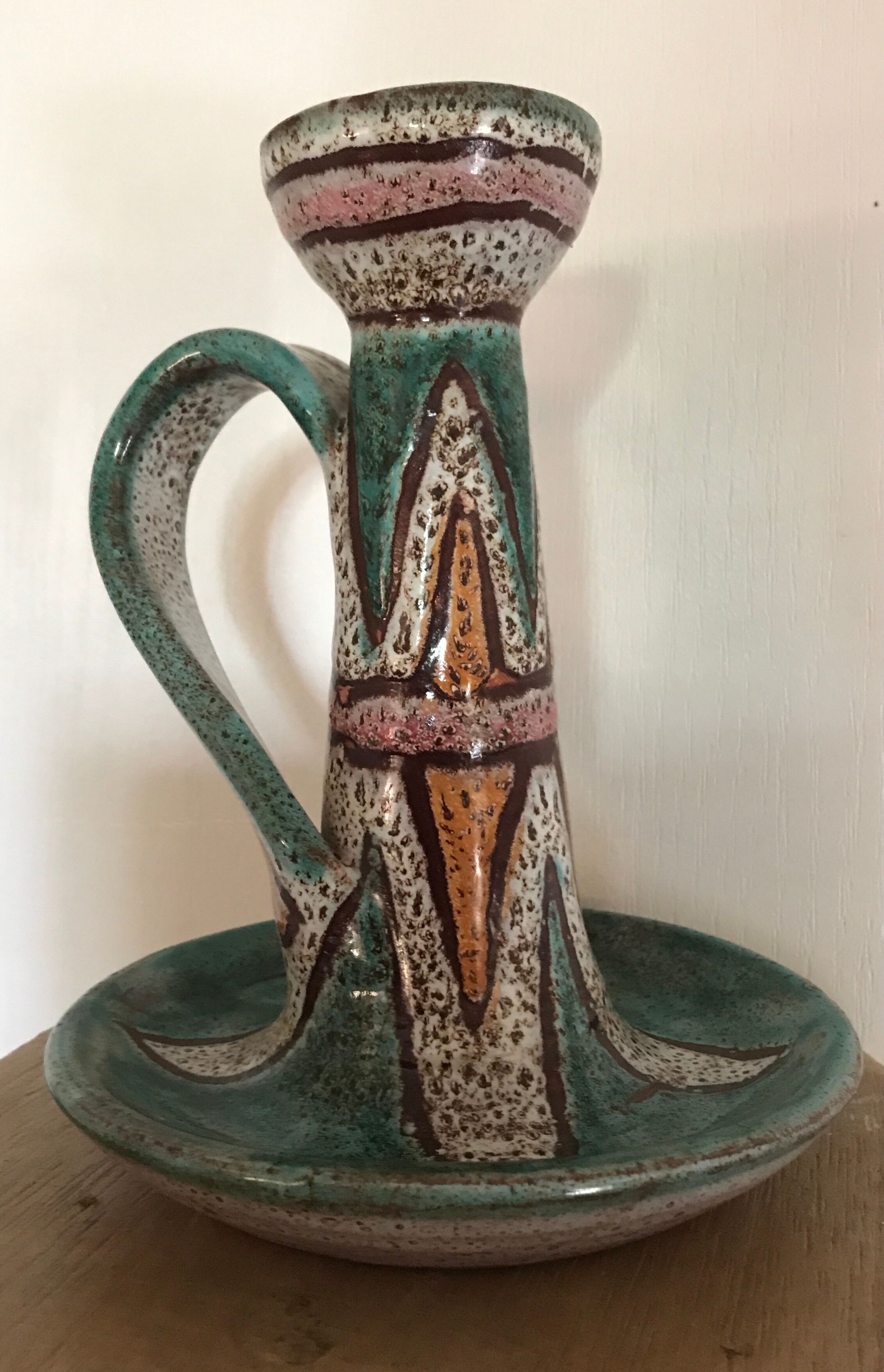 Hand candleholder in enamelled ceramic, polychrome paint, art deco, numbered