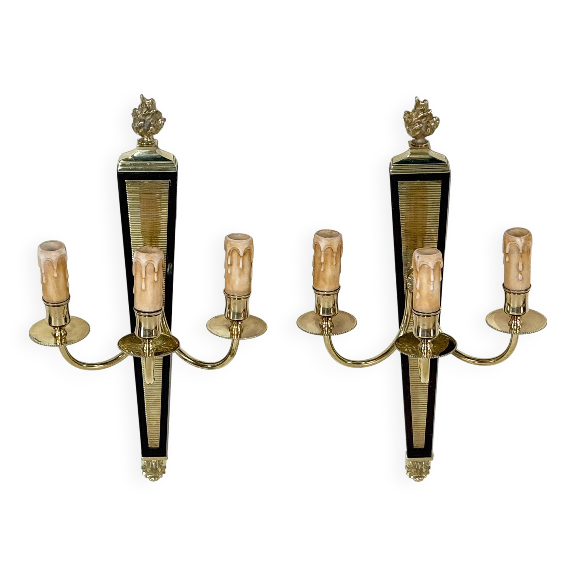 Antique Pair of 3-Light Wall Lights - Gilt Bronze and Mahogany - Neoclassical - 40's