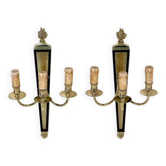 Ancien Paire Appliques 3 Feux - Bronze Doré et Acajou - Néoclassique - 40's
