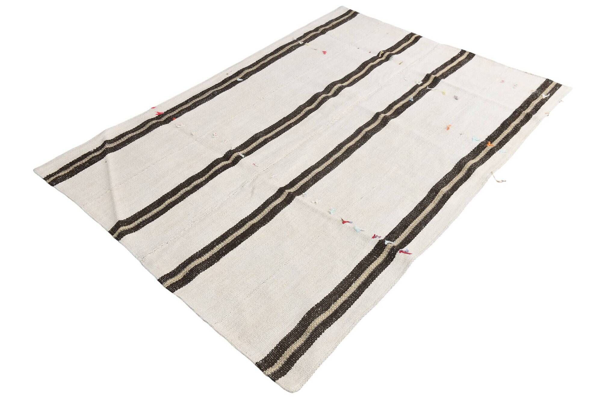 5x7 Turkish Hand-Woven Beige & Brown Striped Kilim Carpet, 144x202Cm