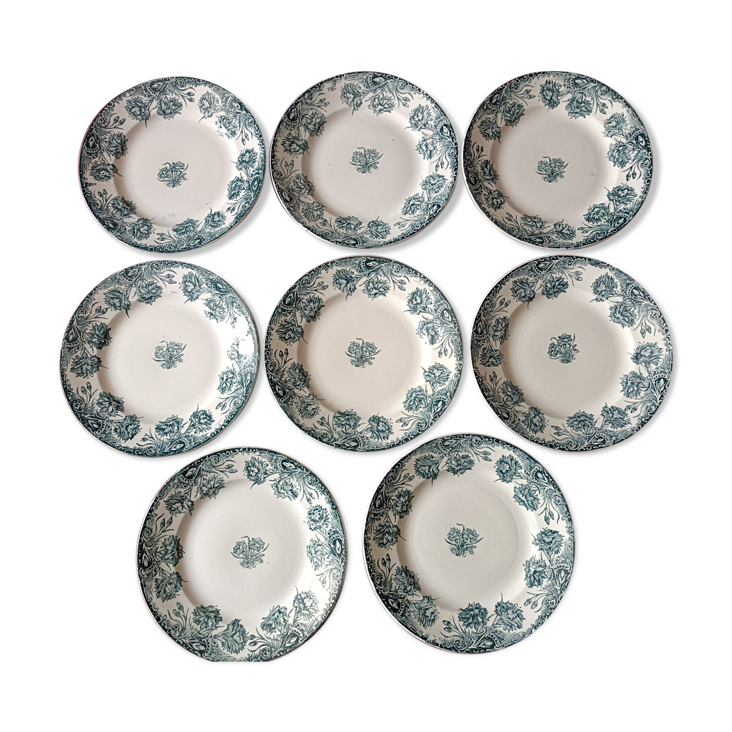 8 Plates Flat Earthenware Old Iron Earth Saint Amand Model Carnations.