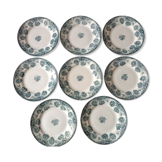 8 Plates Flat Earthenware Old Iron Earth Saint Amand Model Carnations.