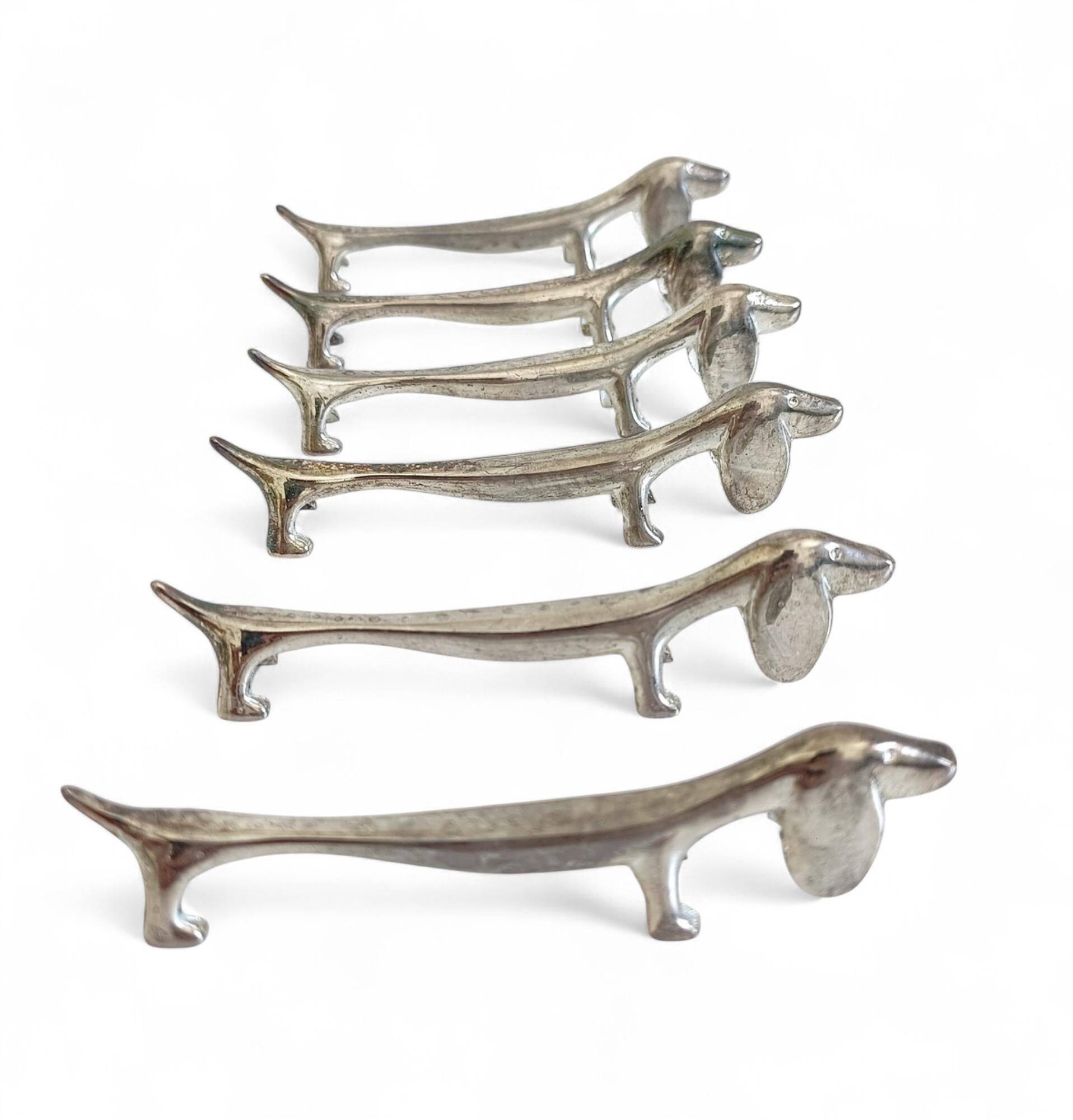 Vintage Knife Rests, Set of Six Silver Plated Dachshund Dogs, Italy, 20th-C