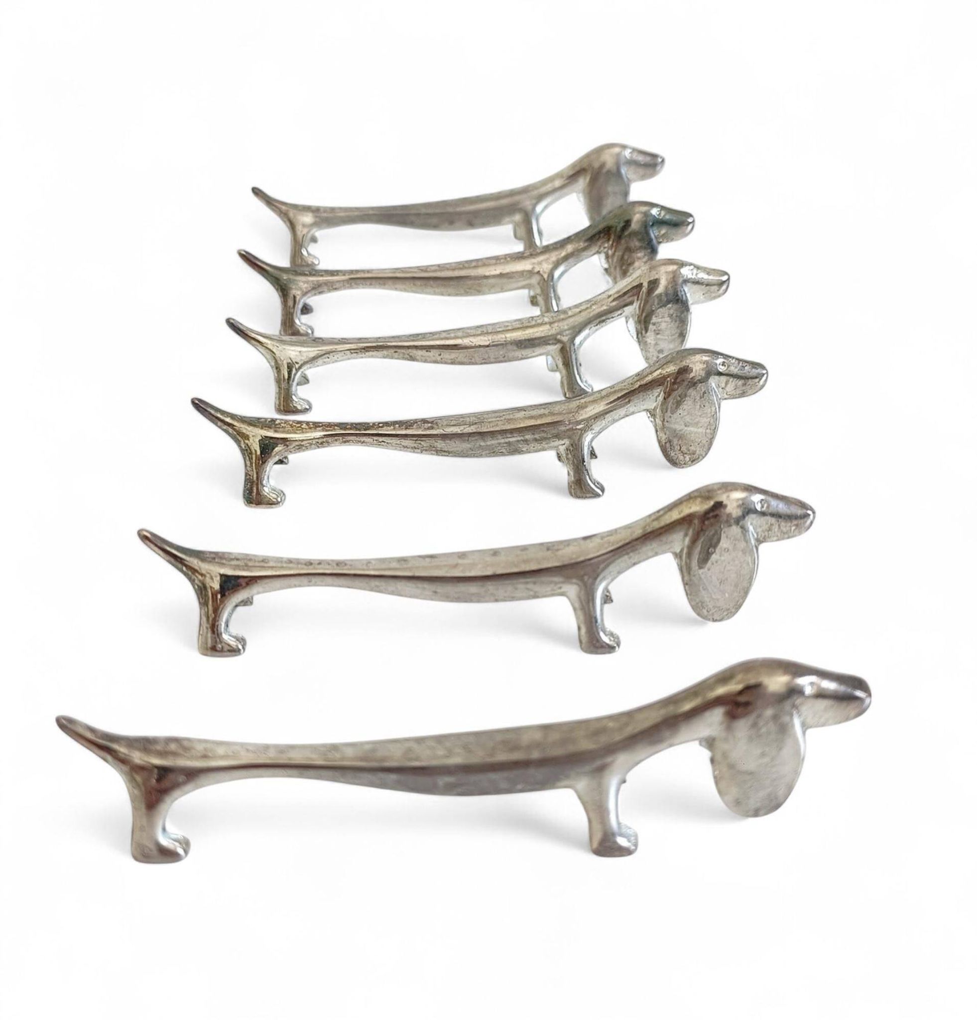 Vintage Knife Rests, Set of Six Silver Plated Dachshund Dogs, Italy, 20th-C