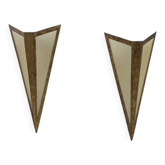 Pair of XL vintage wall lights in gilded metal and parchment, France, 1970.
