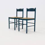 Set of 2 Stained Wood and Rush Dining Chairs 1960s