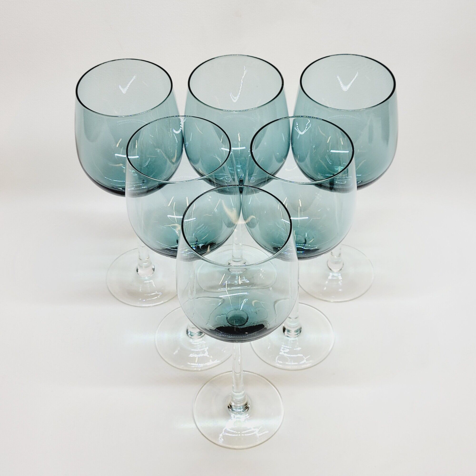 6 Large Wine or Water Balloon Glasses in Petrol Blue Color Blown Glass