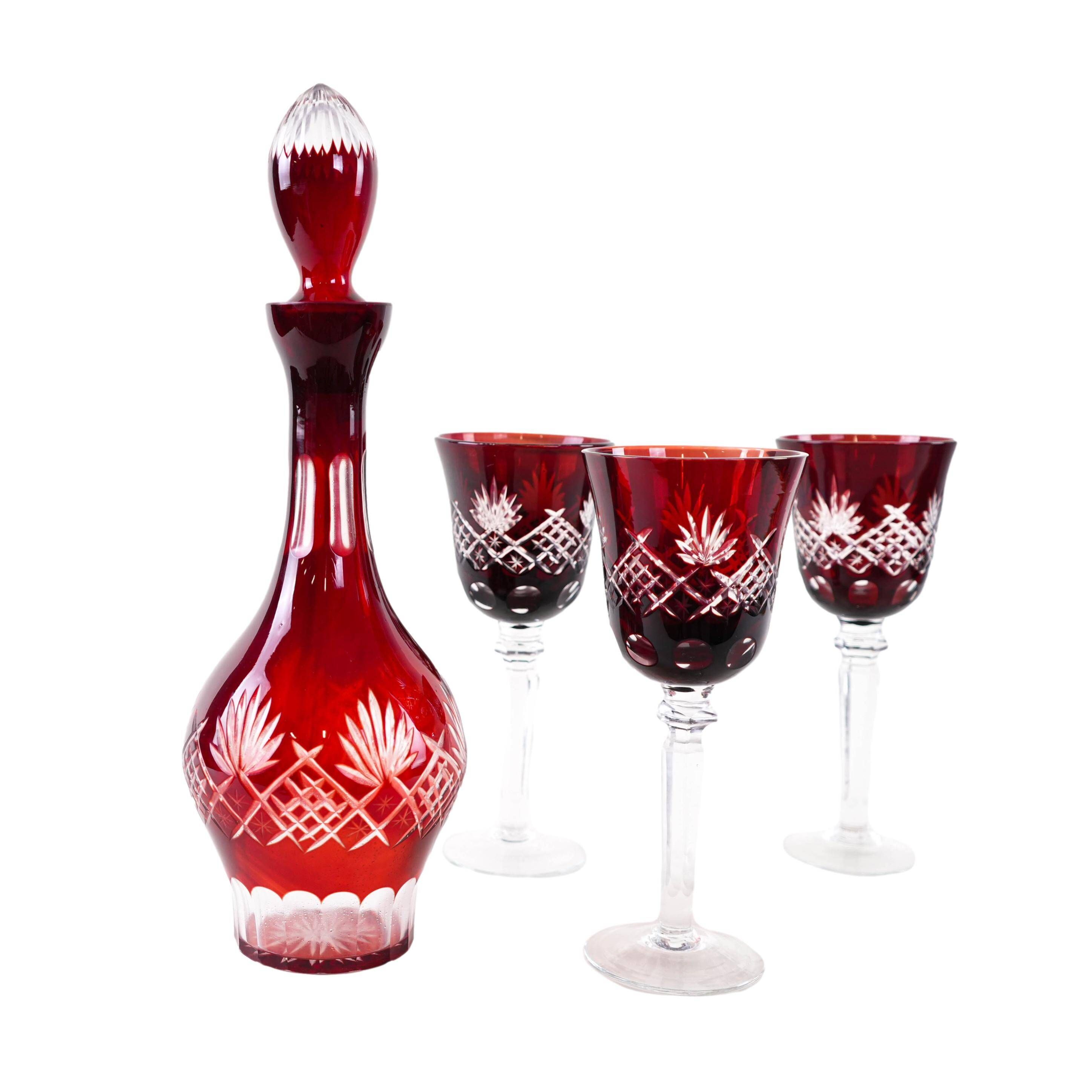 Crystal carafe with glasses in burgundy, European Art Deco style barware set