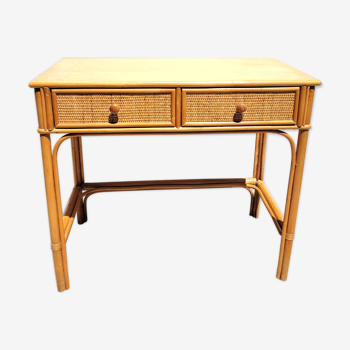 Bureau 2 tiroirs rotin vintage