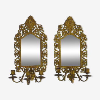 Pair of 3-light beveled mirror wall lights in Napoleon III style. Wall candle holders