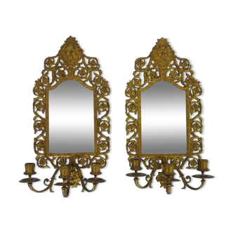 Pair of 3-light beveled mirror wall lights in Napoleon III style. Wall candle holders