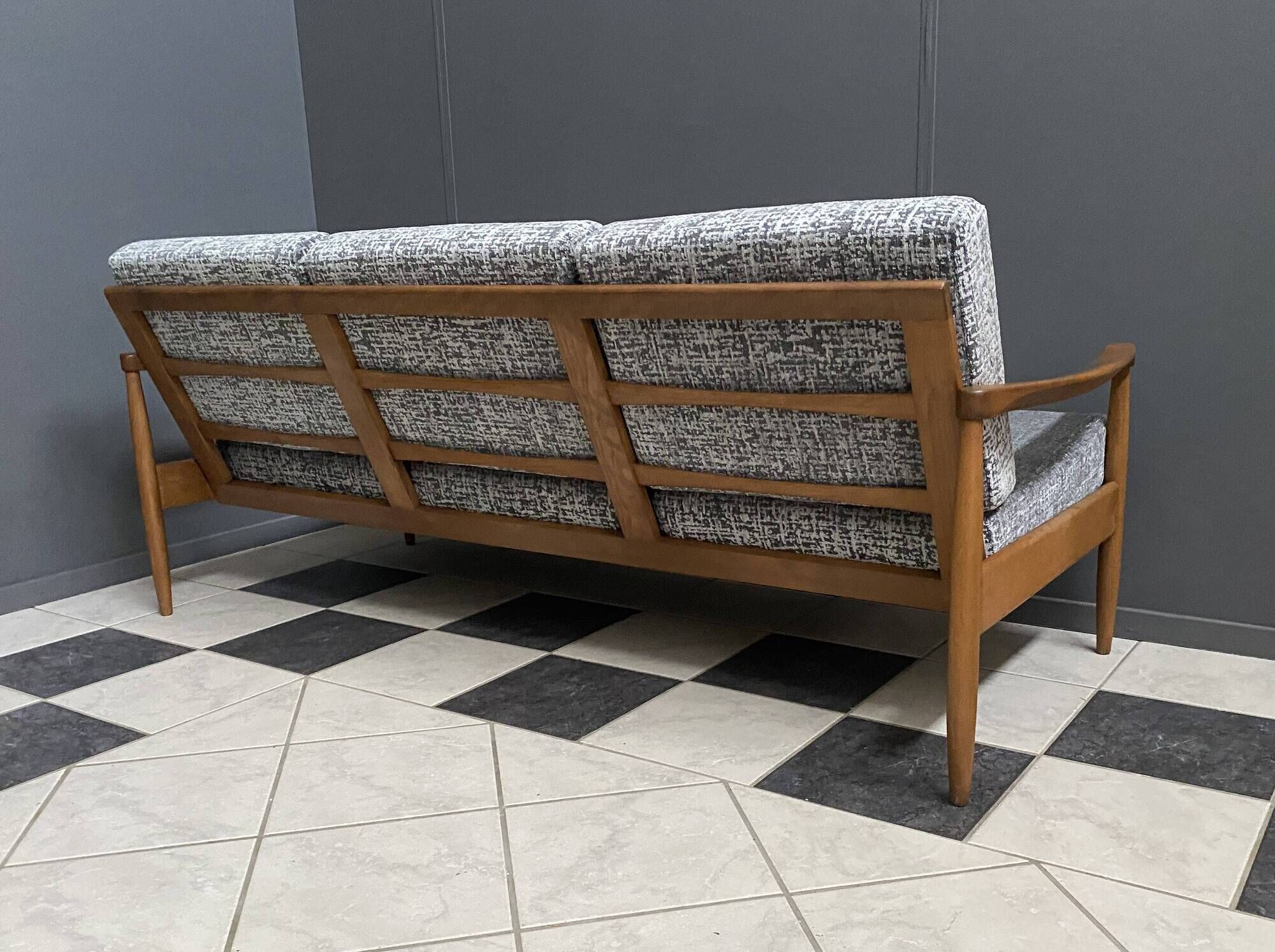 Grey fabric and wood 3 seat sofa 1960s