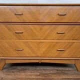 Commode vintage à 3 tiroirs pieds compas en chêne clair