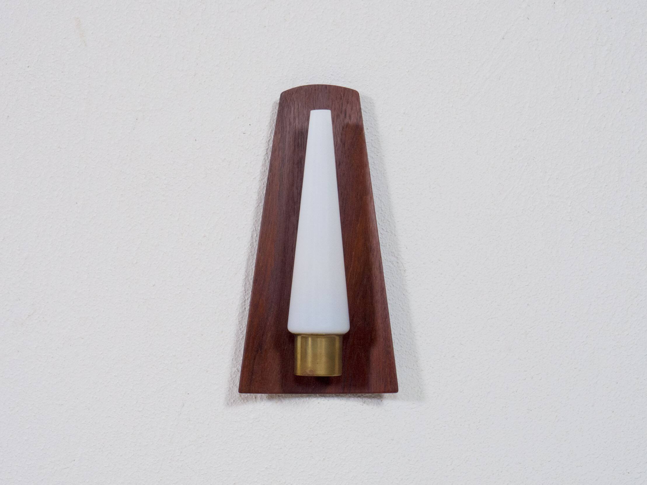 Vintage Danish teak, brass and opaline glass wall lamp