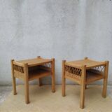 Pair of wooden and rattan bedside tables