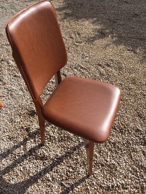 Set of 10 vintage brown skai chairs and 60s/70s wood structure