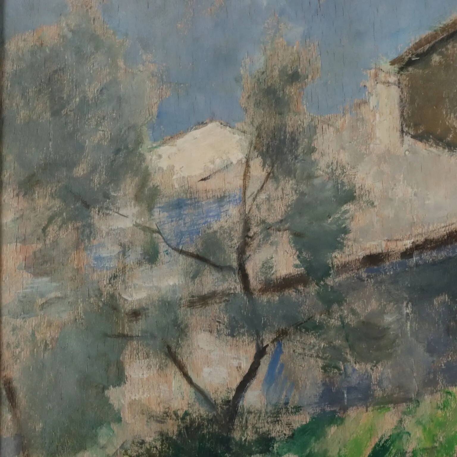 Modern painting signed Renzo Biasion, landscape of Garda, 1953.