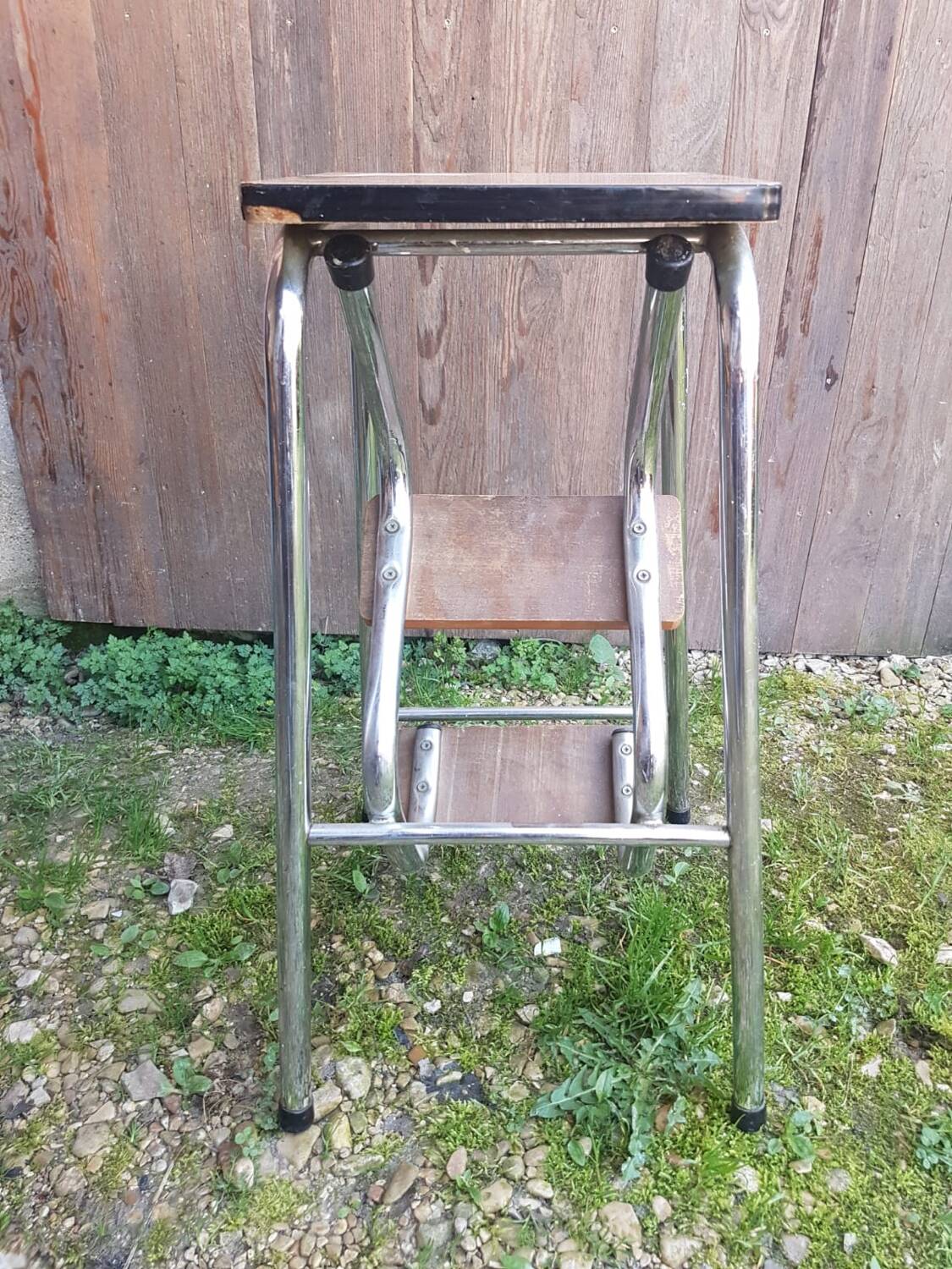 Vintage formica wood metal leg step stool