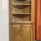 19th-century English corner cabinet in oak, mahogany, and fir.