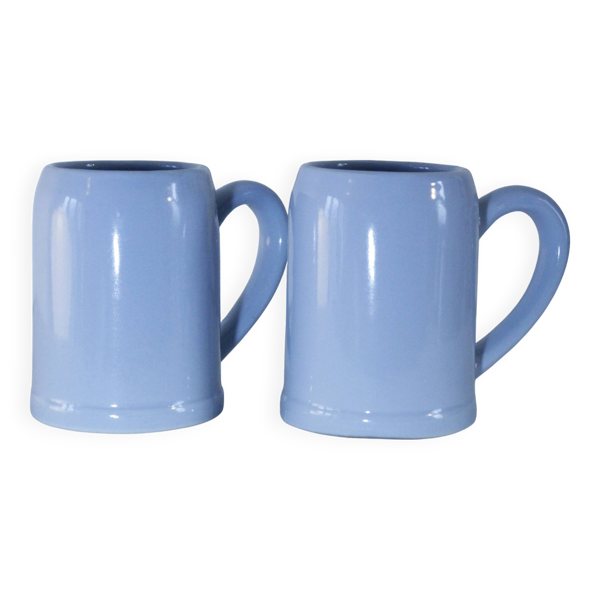 Lot de 2 chopes / mugs en grès 50cl bleu clair