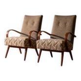 Chaises à bras en bois cintré restaurées par Jaroslav Šmídek, paire, Tchécoslovaquie, nouvelle tapisserie grise et beige, 61 × 82 × 81 cm