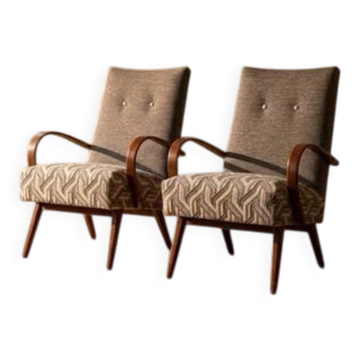 Restored bentwood armchairs by Jaroslav Šmídek, pair, Czechoslovakia, new grey & beige upholstery, 61 × 82 × 81 cm