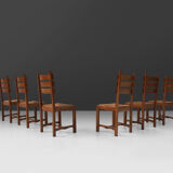 Set of six brutalist dining chairs in oak an wicker