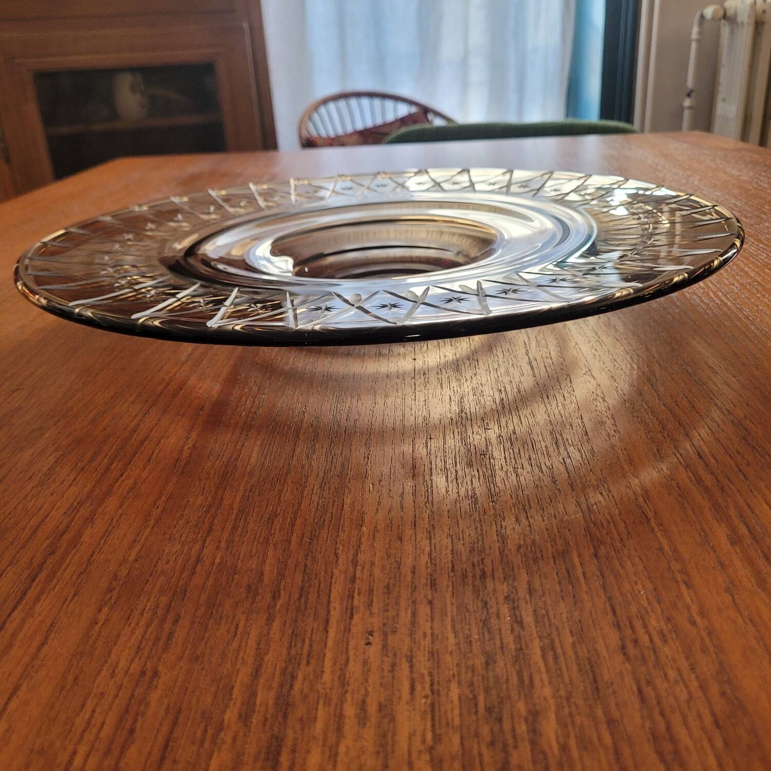Large smoked glass bowl with star engraving – 1950s