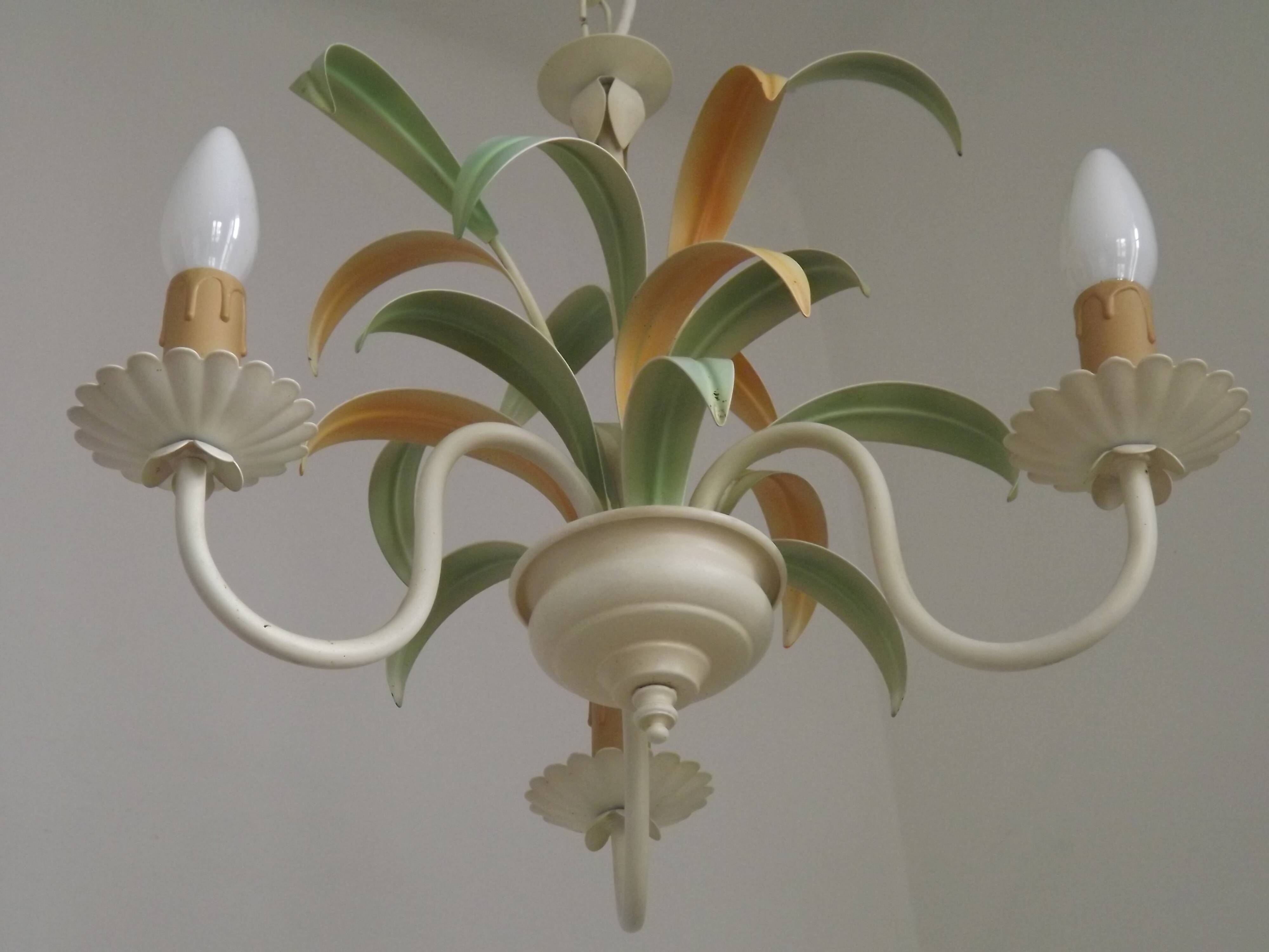 French Vintage Cream 3 Light Chandelier Green and Peach Leaves