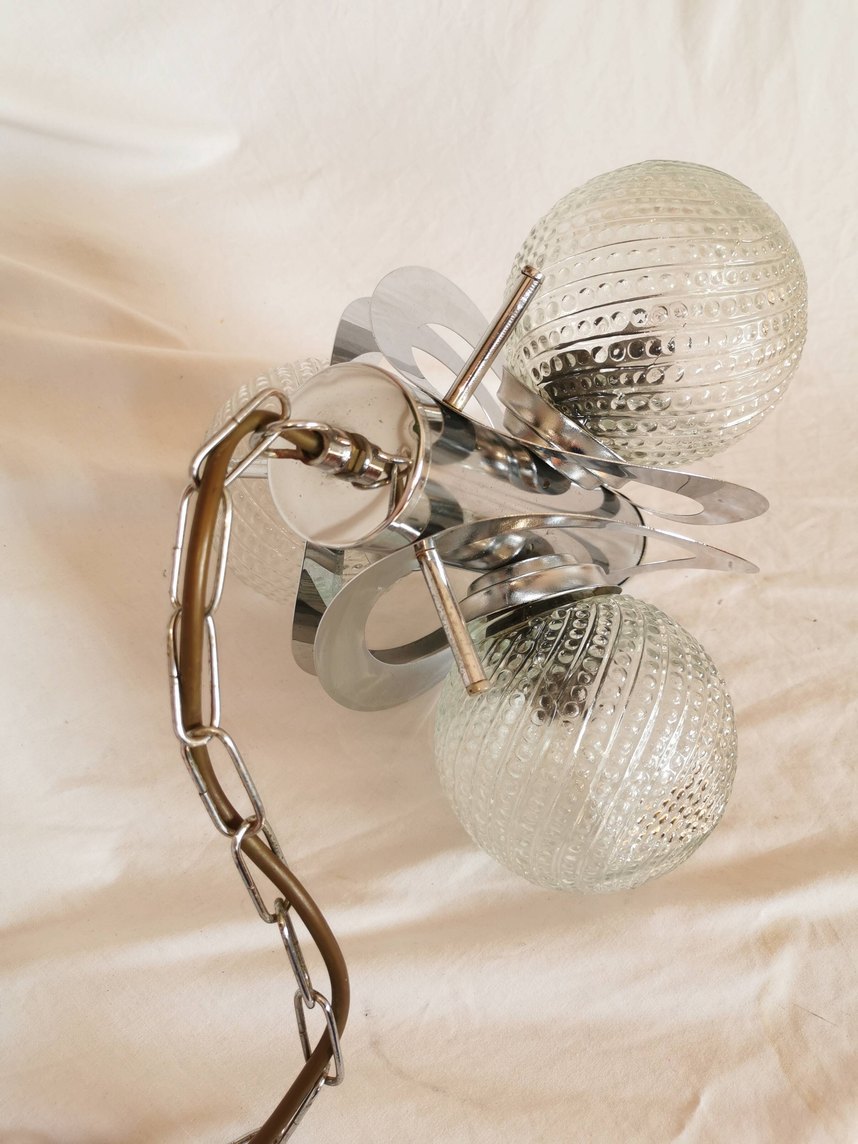 Space age chandelier with 3 lights, stainless steel and cut glass, Mazzega style, 1970