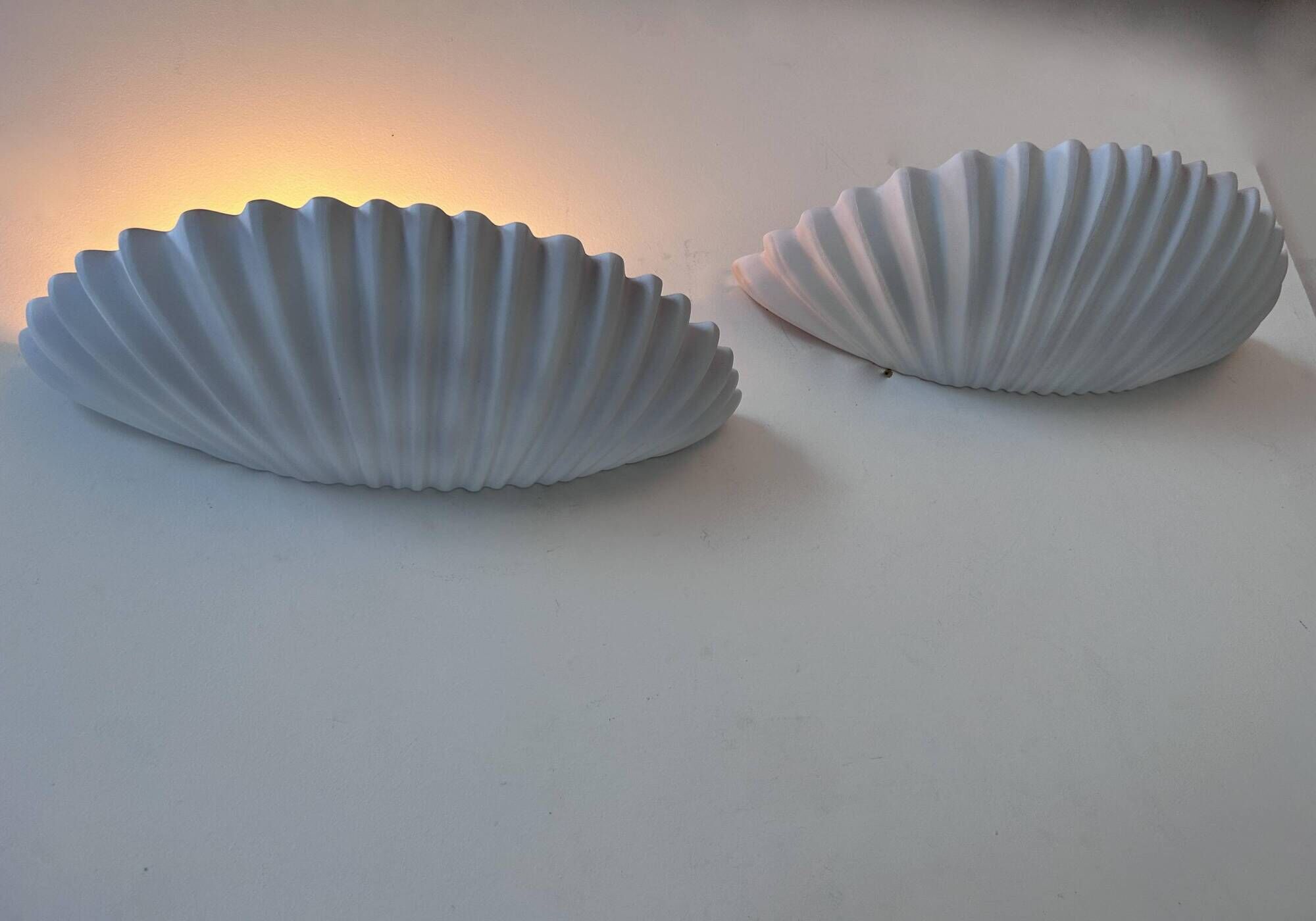 Pair of vintage shell wall lights, matte white, France 1970