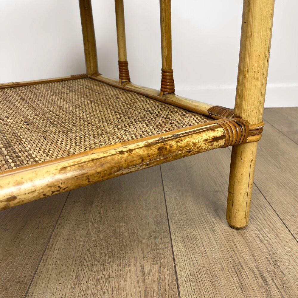 Vintage bamboo and woven straw side table