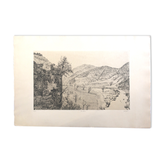 Jacques Houplain, Canyon landscape, signed and numbered engraving