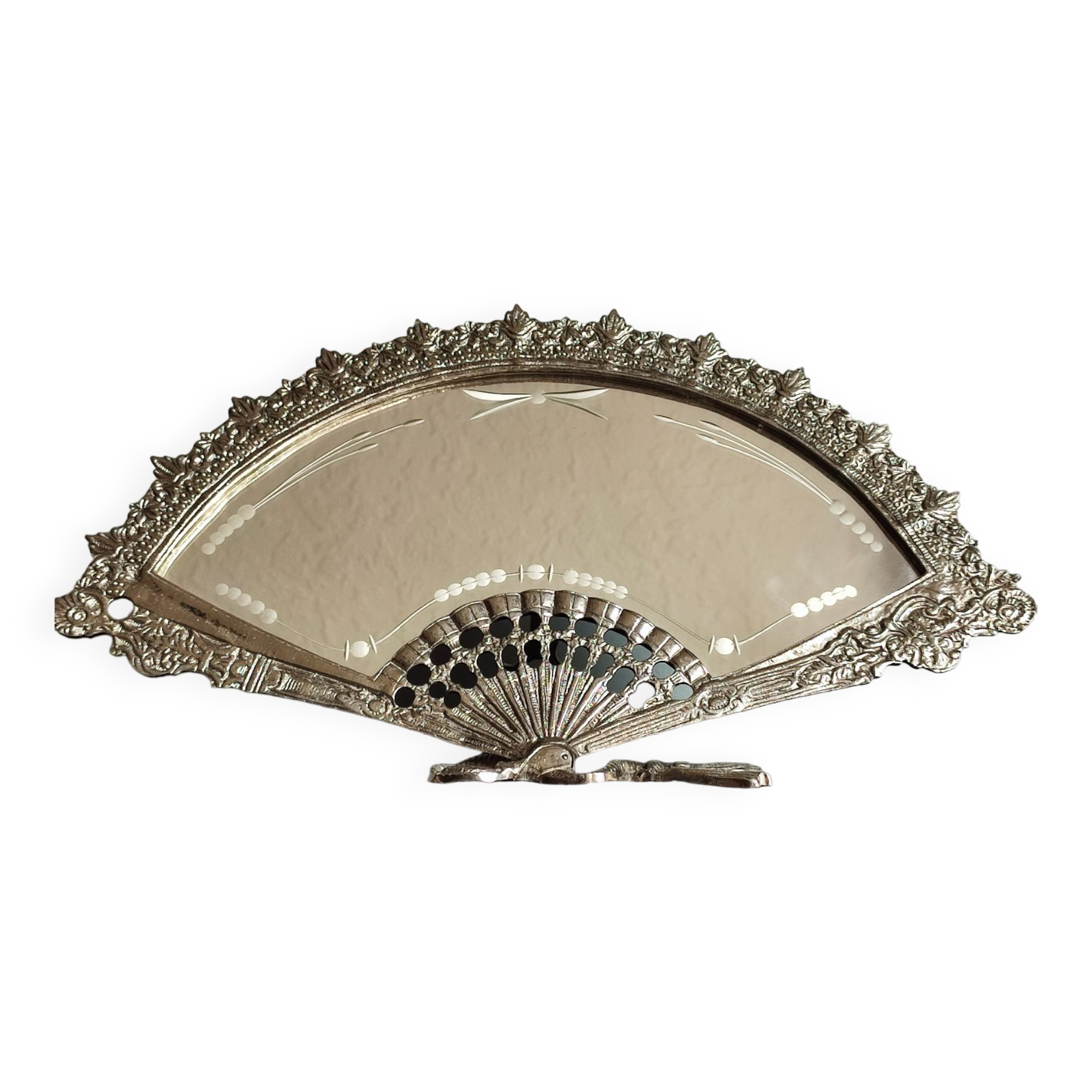 Table mirror vintage engraved glass fan