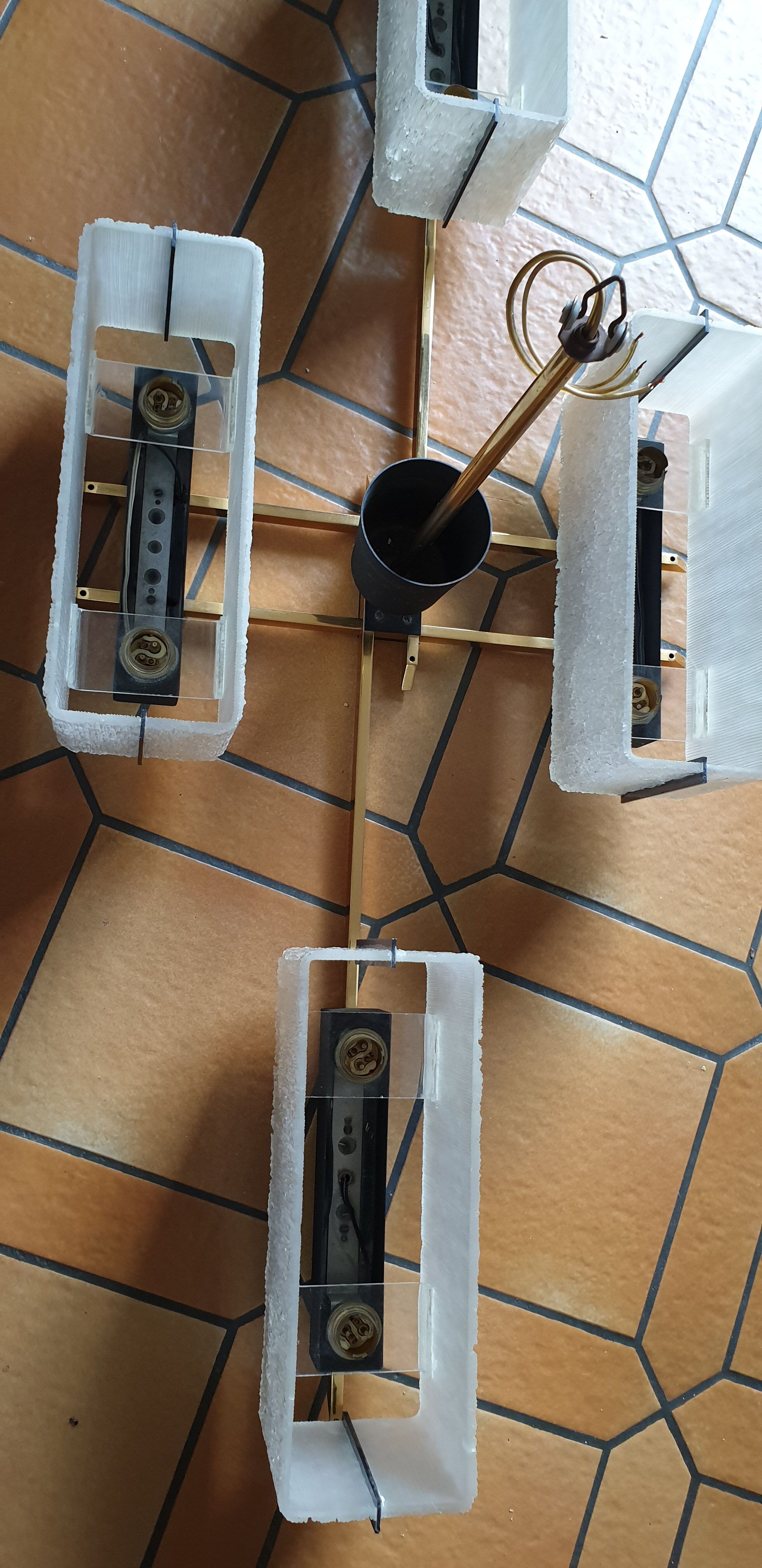 Arlus chandelier 4x2 brass lights prespex 1950/1960 vintage