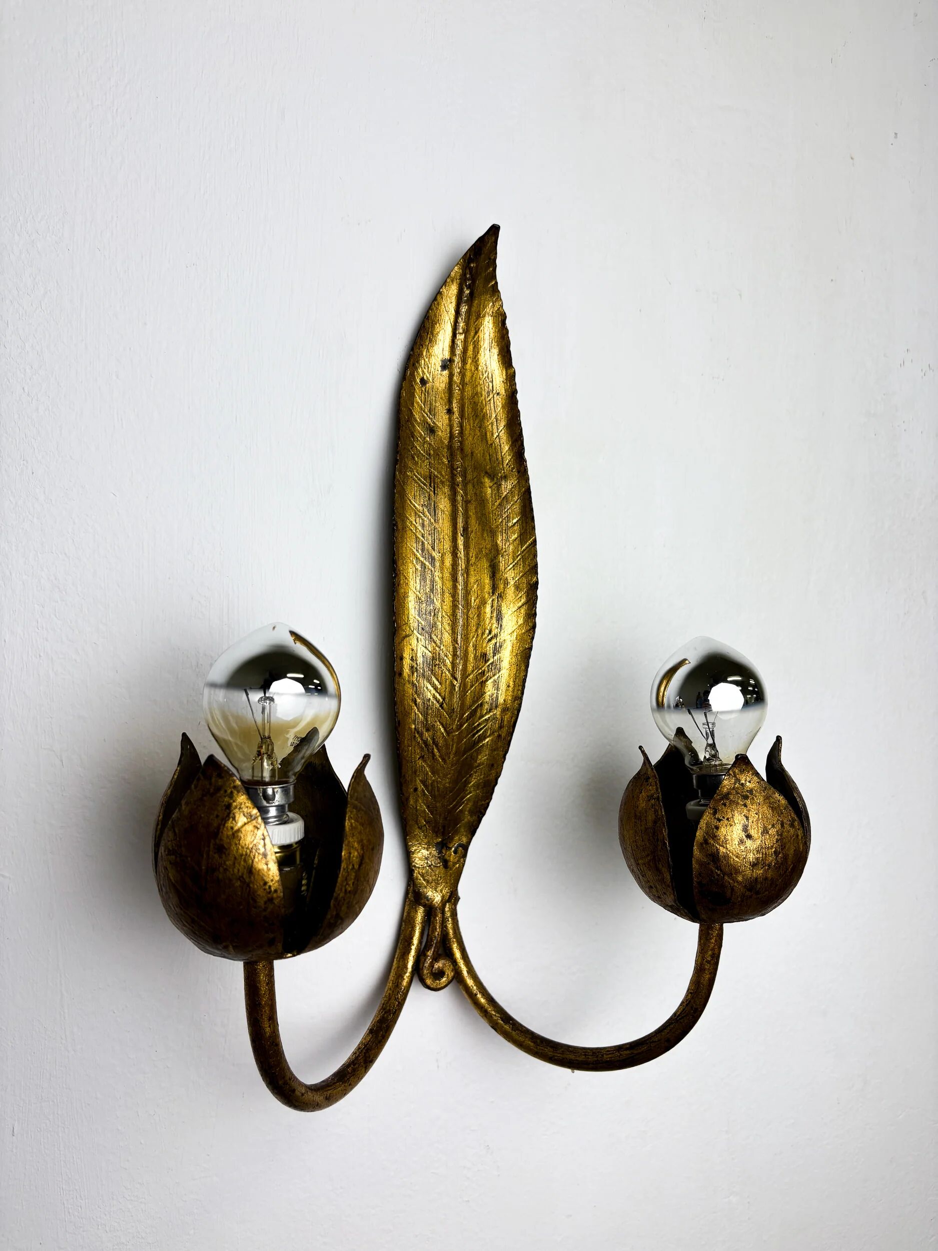 Pair of Spanish foliage wall sconces, leaf arms & bud shades, gilt iron, 1960s