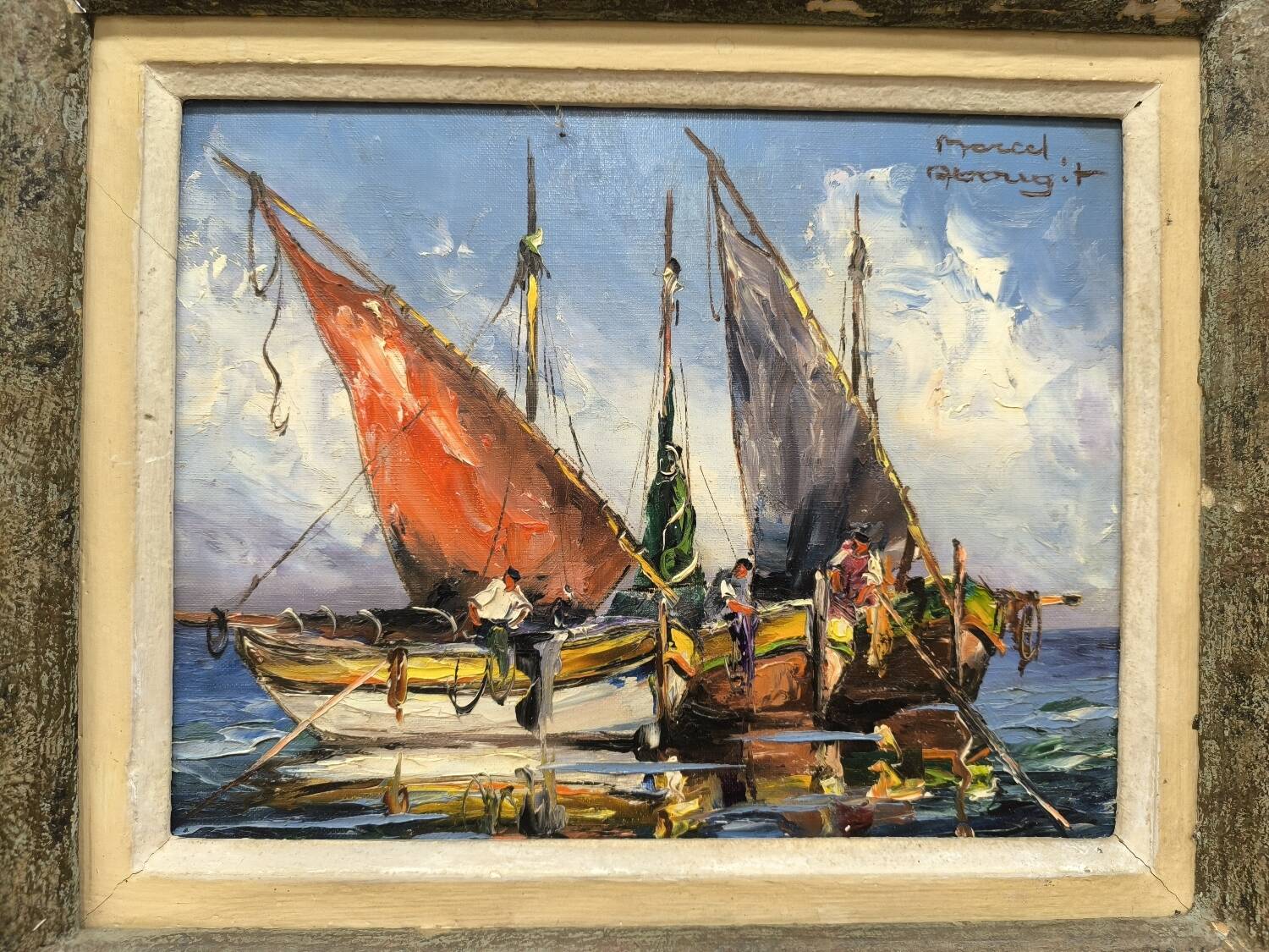 Huile sur toile marine Marcel Abougit Barques de pêcheurs Côte d'Azur