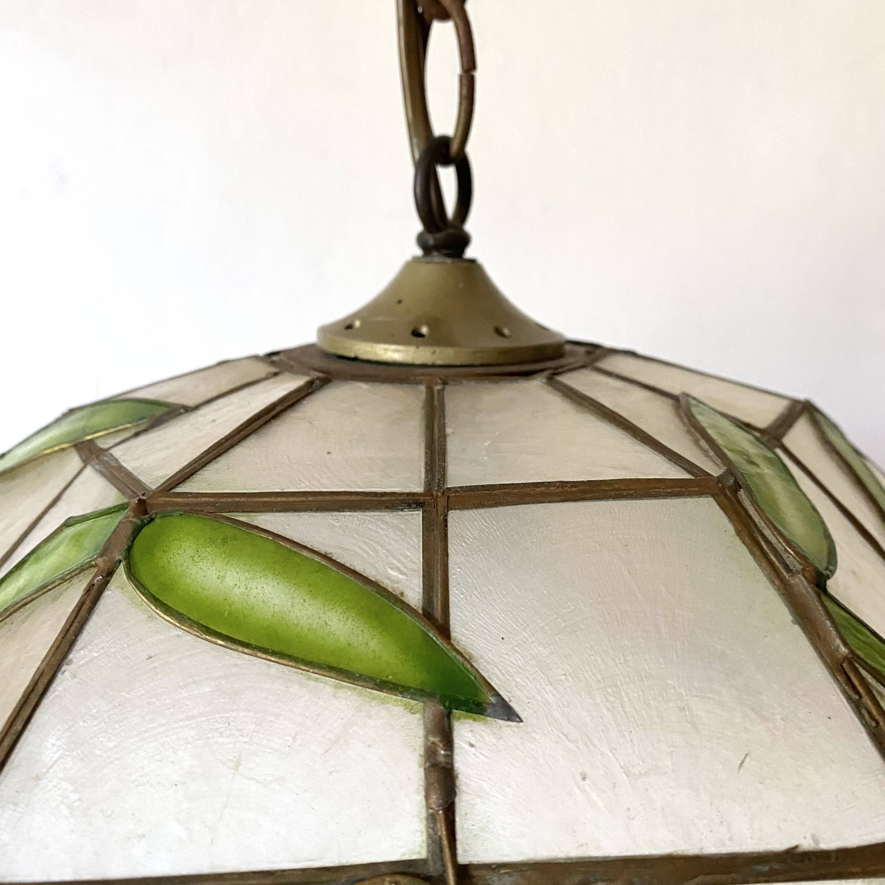 Pendant lamp in mother-of-pearl and brass with bamboo decor