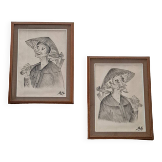 Portraits in Indian ink on silk 1950