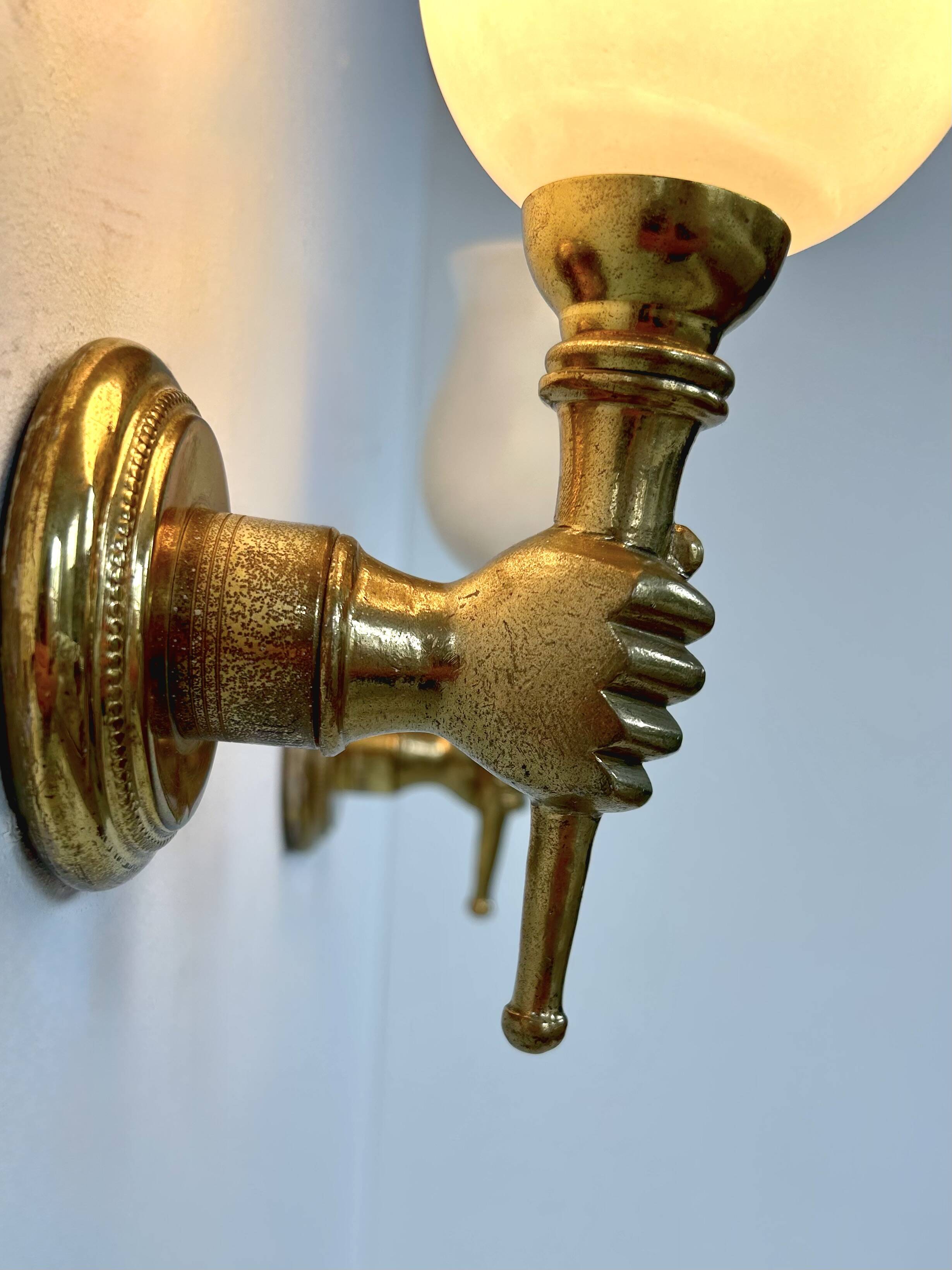 Pair of vintage wall lights, Maison Jansen, brass and opaline, France, 1960.