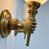 Pair of vintage wall lights, Maison Jansen, brass and opaline, France, 1960.