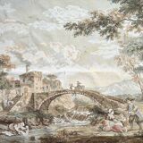Tapisserie mécanique représentant paysage animé autour d'une village
