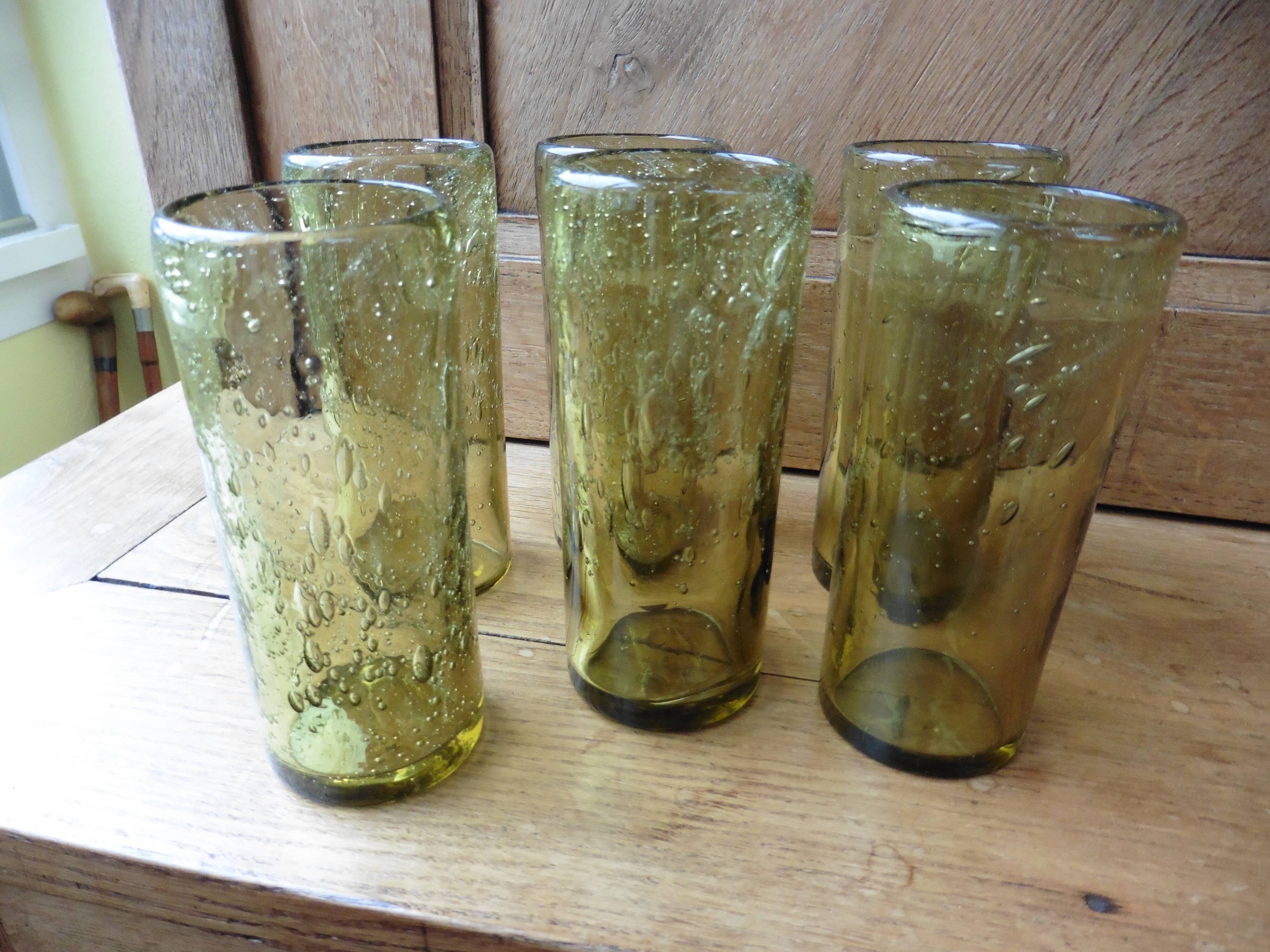 6 bubbled glasses, mouth-blown, Biot amber-colored orangeade service