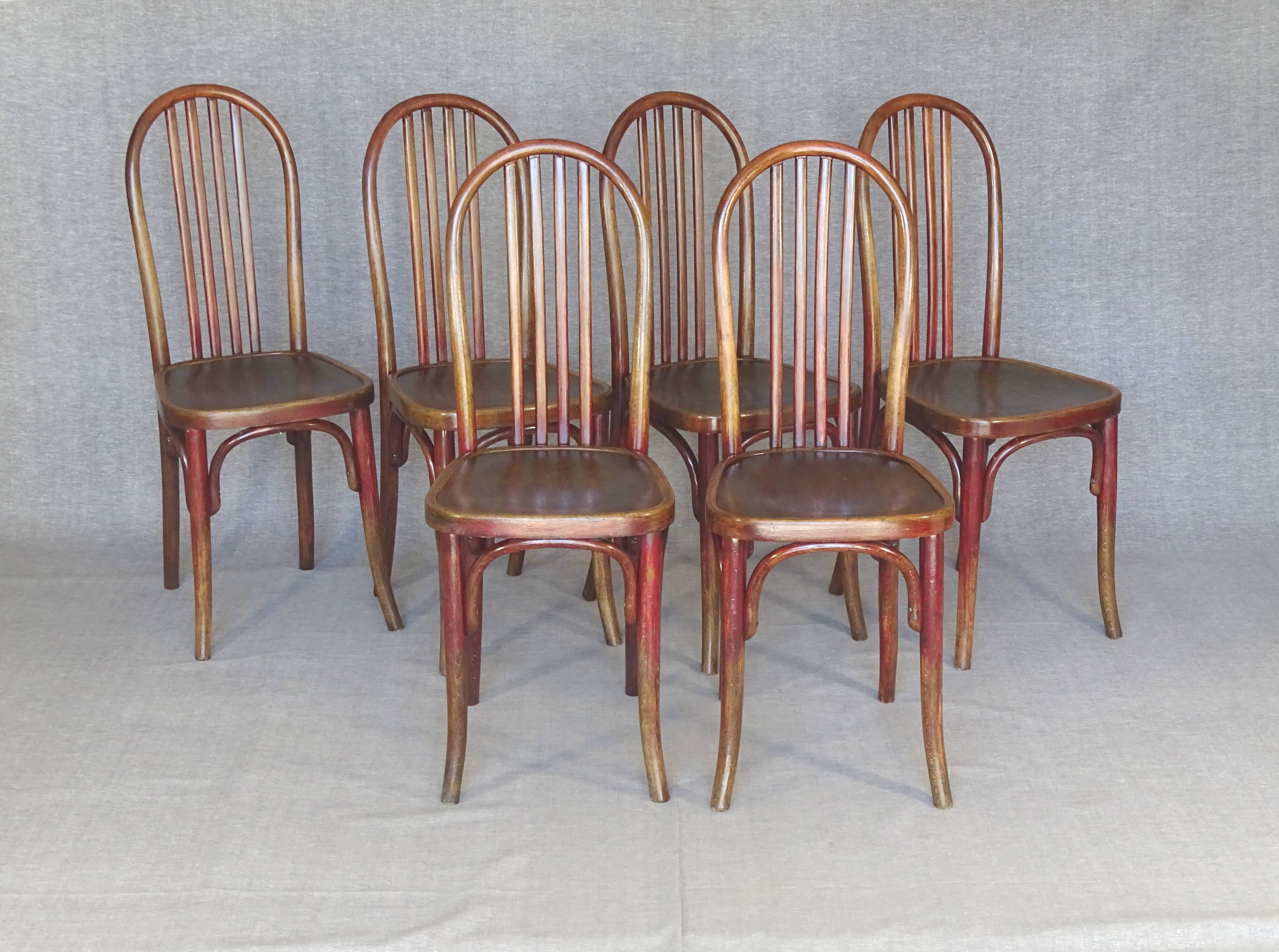 Six bistro chairs, by KOHN, 1925 - not Thonet -