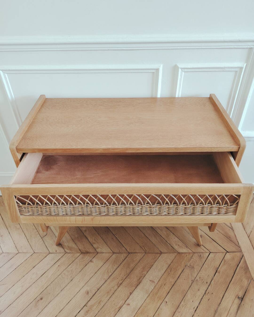 Commode en bois et rotin vintage rénovée, années 60