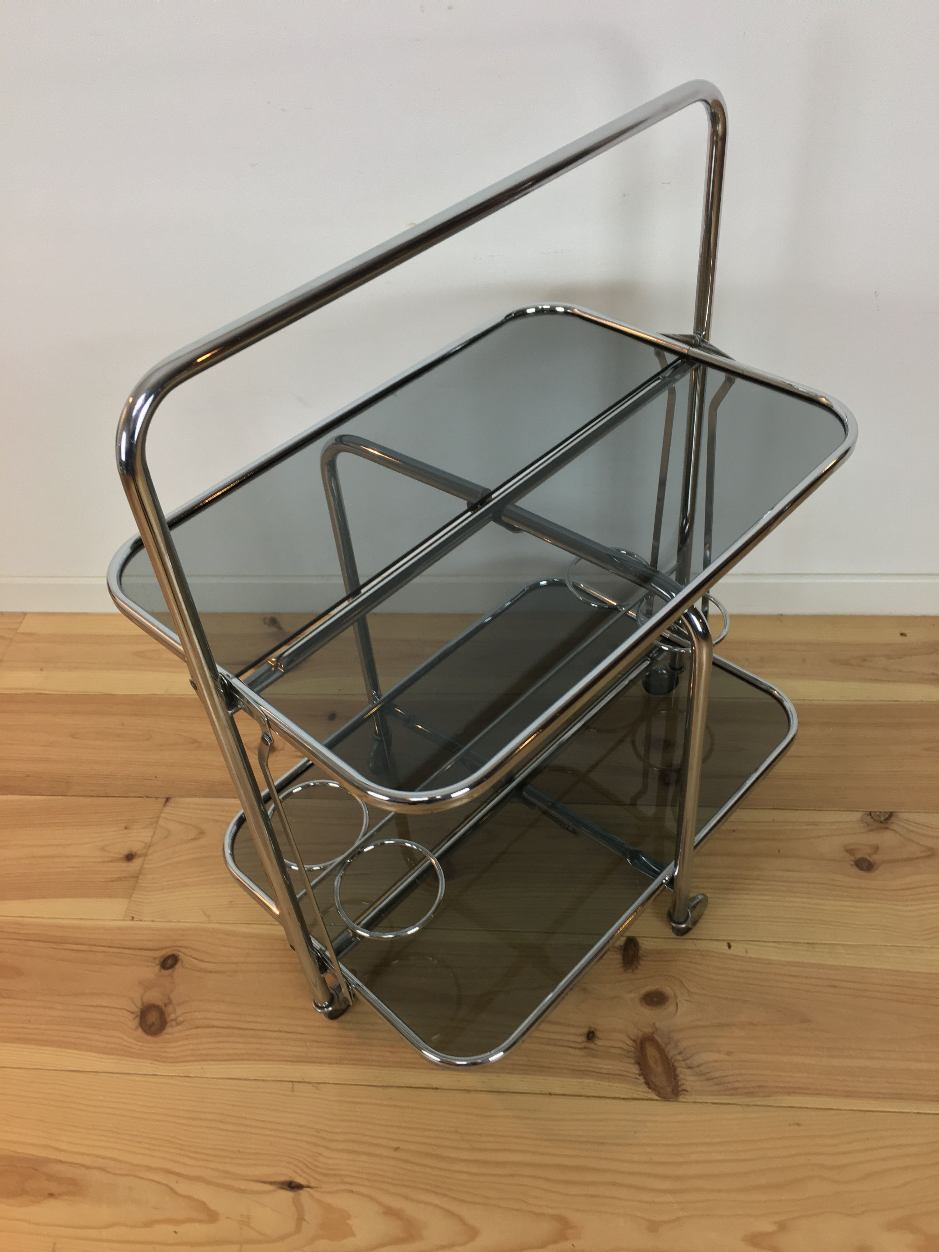 70s chrome folding dessert, smoked glass bar