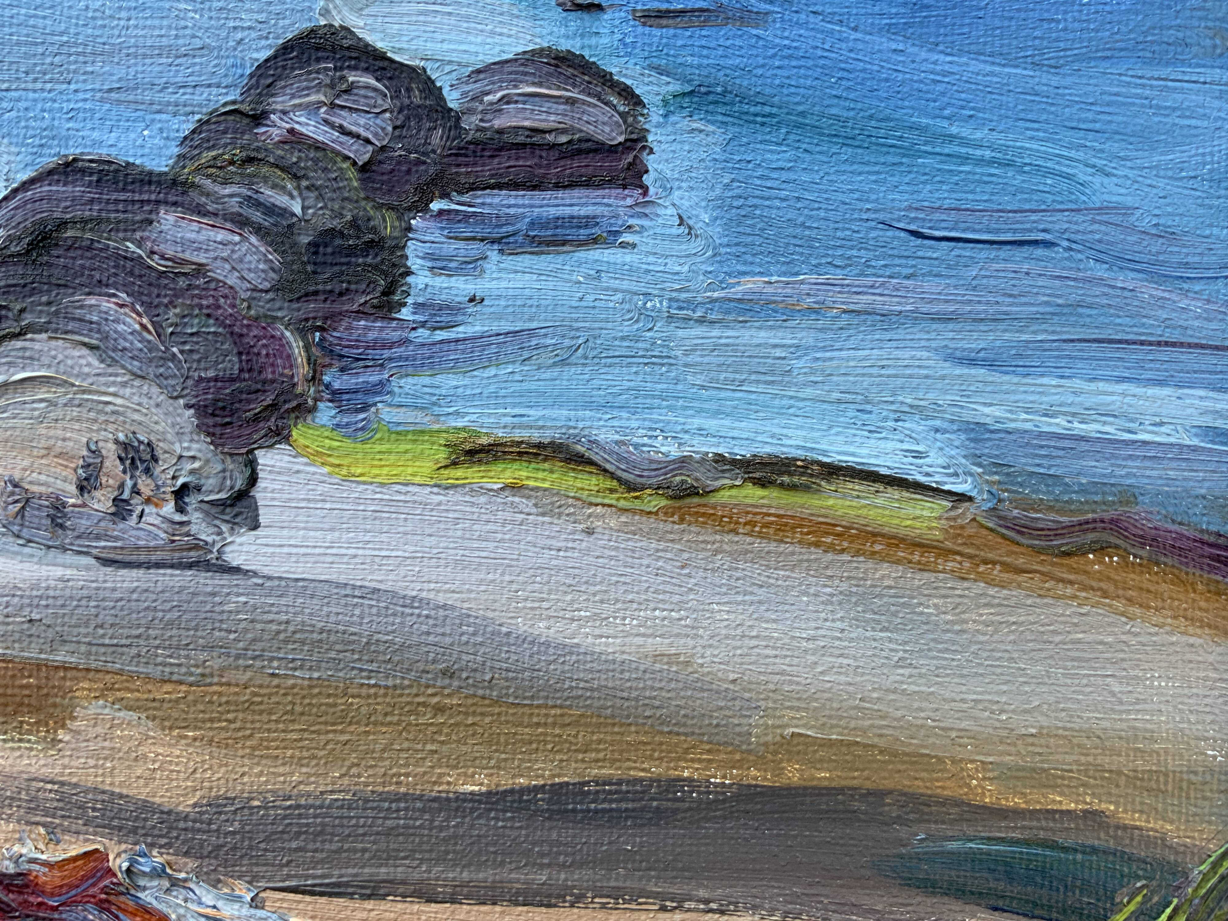 Vintage Swedish Modernists Oil Painting Blue Seascape by G.B. Mid 20th century