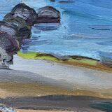 Vintage Swedish Modernists Oil Painting Blue Seascape by G.B. Mid 20th century